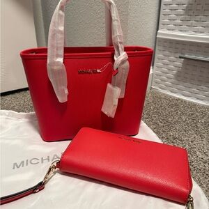 Michael Kors Jet Set XSmall Travel Tote and Wallet Set in Sangria